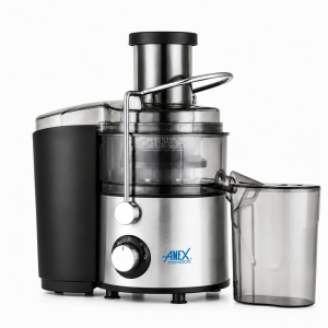 Anex Deluxe Juicer AG-92 multi-function juicer with blender, grinder, food processor attachments, and stainless steel body on a white background
