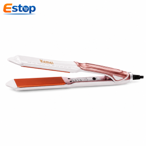 Kemei KM-471 Professional Hair Straightener with ceramic-coated plates in white and rose gold, ideal for smooth, straight, and shiny hair.