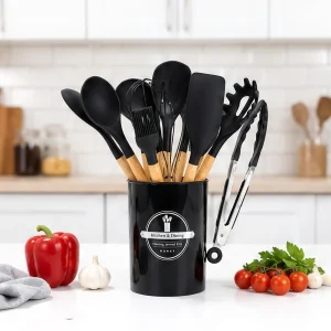 Premium Silicone Kitchen Utensil Set with Wooden Handles & Storage Holder – Non-Stick Cooking Tools - Image 5