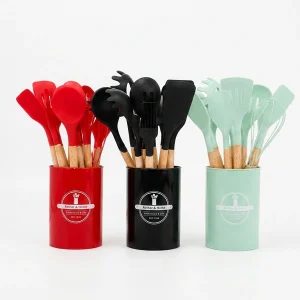 Premium Silicone Kitchen Utensil Set with Wooden Handles & Storage Holder – Non-Stick Cooking Tools - Image 3